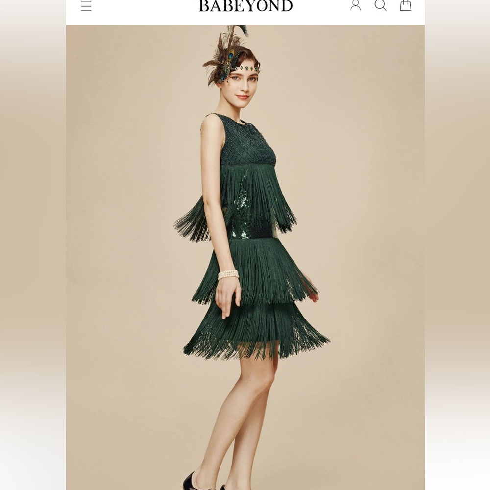 Babeyond Emerald Green Flapper Dress‎ Tiered Tassel Vintage Gatsby Sequin Large
